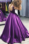 A Line Purple Backless Satin Long Prom Dresses