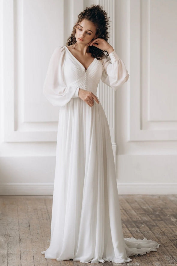 Simple Chiffon A Line V Neck Wedding Dress With Long Sleeves