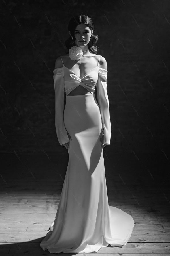 Soft Satin Long Sleeve Wedding Dresses With Special Cut at Waist Chic ZW1033
