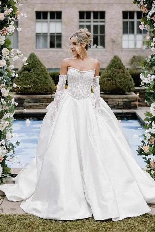 Lace Satin Ball Gown Wedding Dress With Bow Back DW901 - Lace Satin Ball Gown Wedding Dress With Bow Back DW901 -