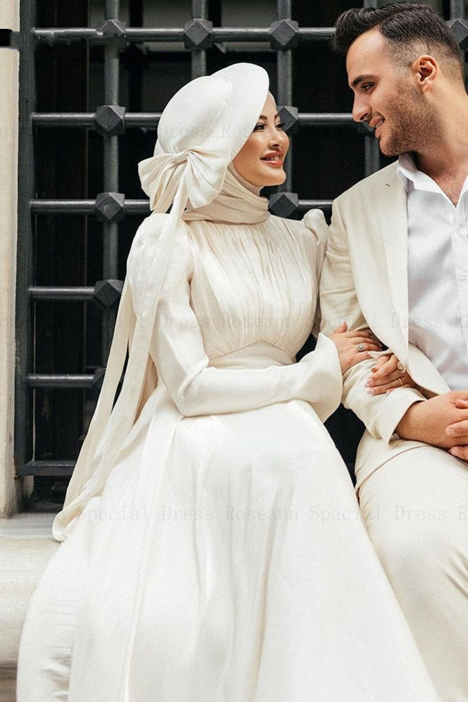 Muslim Simple A-line Wedding Dresses Satin Ribbon Draped Pleat TANYA BRIDAL Muslim Simple A-line Wedding Dresses Satin Ribbon Draped Pleat TANYA BRIDAL