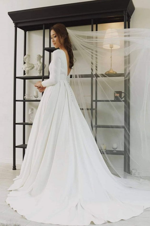 Satin Long Sleeves V Back A Line Wedding Dress