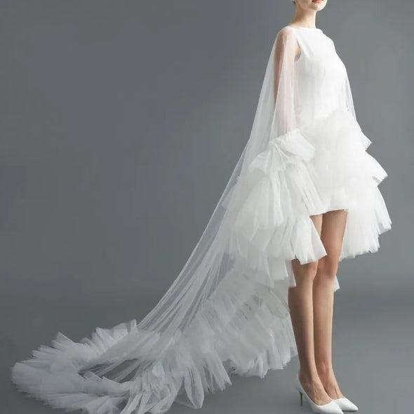 Ruffle Wedding Cape Sheer Long Wedding Cloak With Train