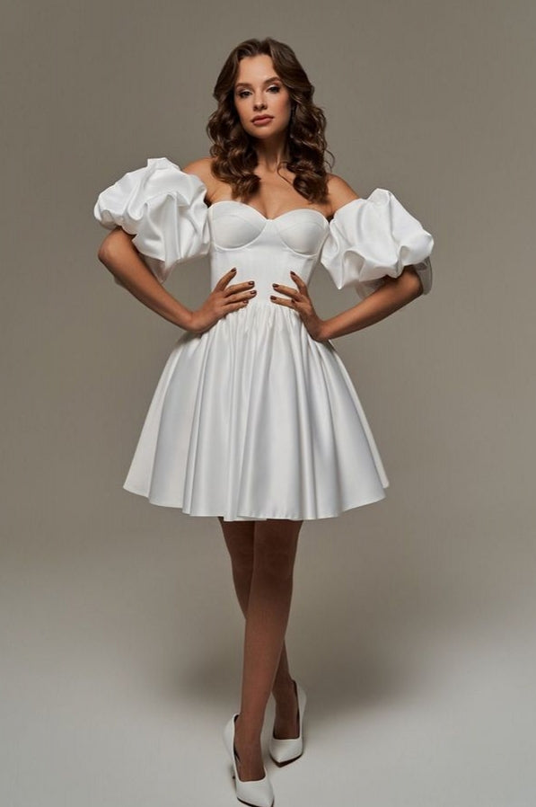 white satin puff sleeve dress Ivory Satin Puff Sleeves Square Neck Short Vintage Wedding Dresses, MW1145