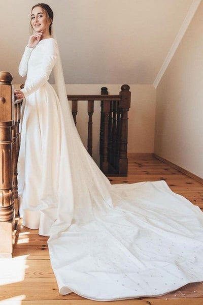 A Line Satin Modest Wedding Dress With Sleeves