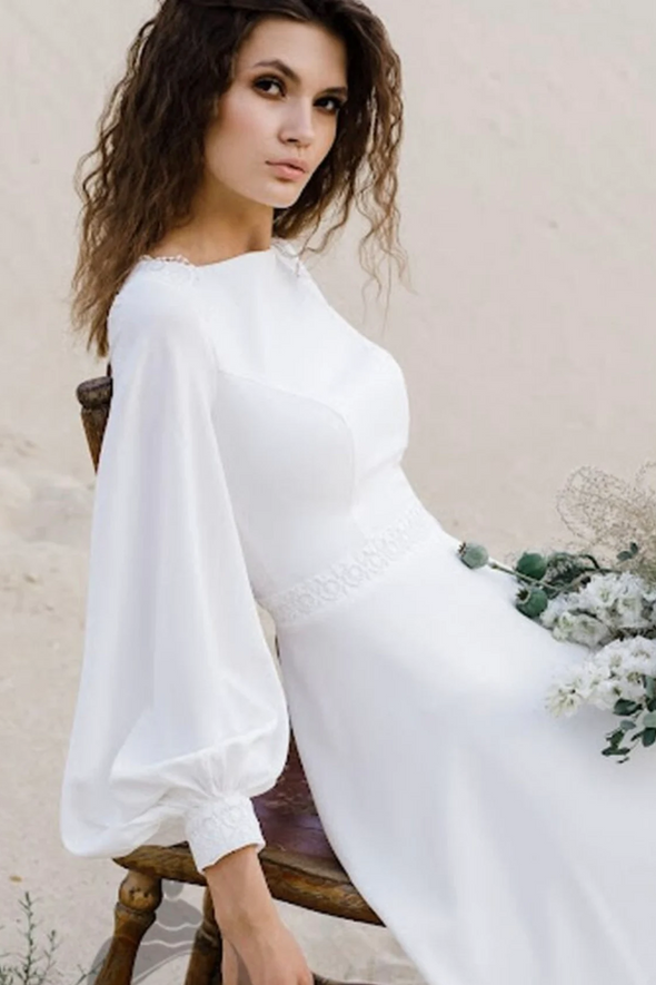 Simple Long Chiffon Summer Full Sleeves Wedding Dress