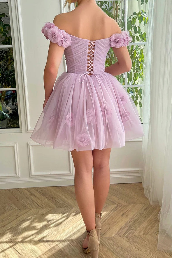 Charming Lilac Cute Short Homecoming Dresses Handmade 3D Flowers Mini Prom Gowns