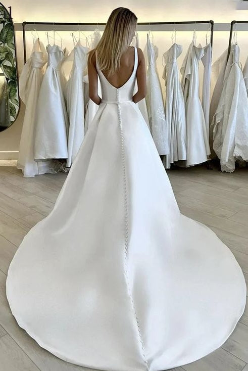 Square Neck A Line Satin Wedding Gown Buttons Back TANYA BRIDAL Square Neck A Line Satin Wedding Gown Buttons Back TANYA BRIDAL