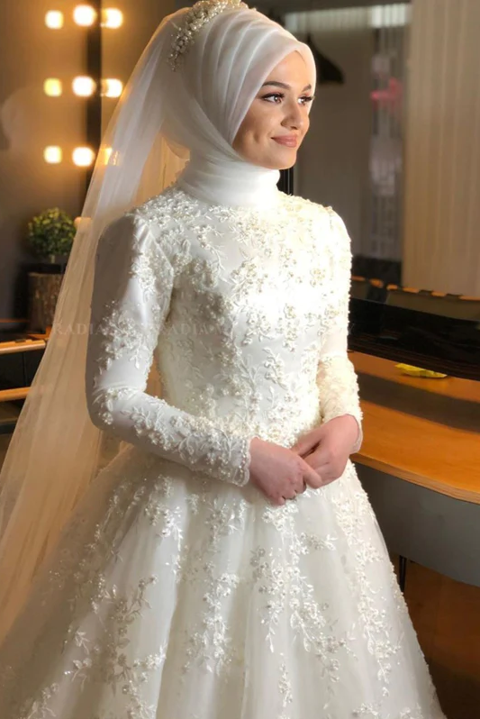 A Line Lace Applique Long Sleeves High Neck Muslim Wedding Dresses –  MyChicDress