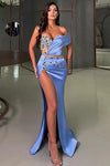 Light Sky Blue Mermaid Prom Dresses Crystals Side Split Evening Gowns