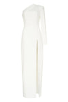 White Long-sleeved Evening Dress With Sharp Shoulder Cut