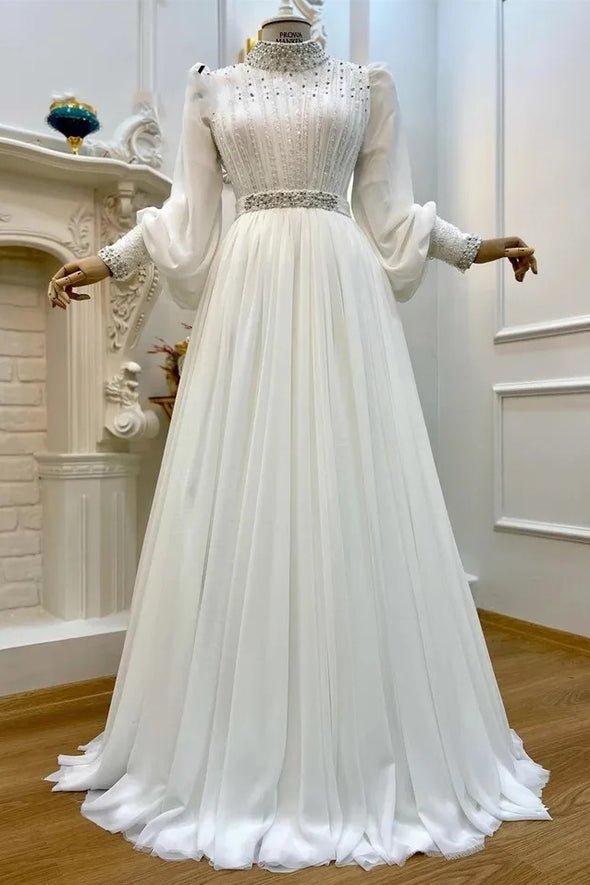 A Line Pleated Beadings Chiffon Wedding Bridal Gown For Muslim