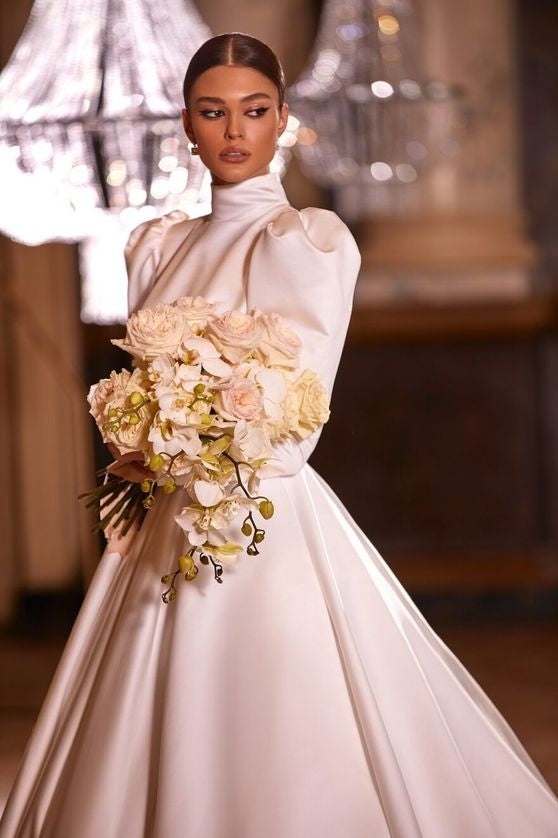 High Neck Long Sleeves Simple Satin Wedding Dress Muslim Arabic Gown High Neck Long Sleeves Simple Satin Wedding Dress Muslim Arabic Gown