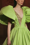 Sage Green Puffy Sleeves Taffeta Ball Gown Evening Dress