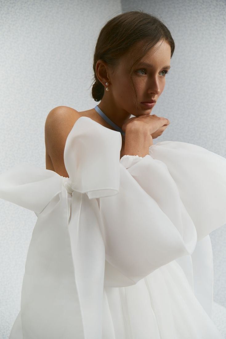 Simple Organza White Homecoming Dress With Detachable Bow Sleeve TANYA BRIDAL Simple Organza White Homecoming Dress With Detachable Bow Sleeve TANYA BRIDAL