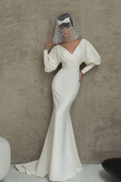 Simple Soft Satin Long Mermaid Full Sleeves Wedding Dress
