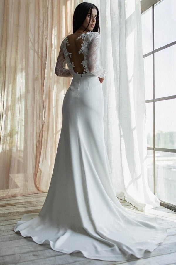 Long Sleeves Deep V High Split Wedding Dress TANYA BRIDAL Long Sleeves Deep V High Split Wedding Dress TANYA BRIDAL