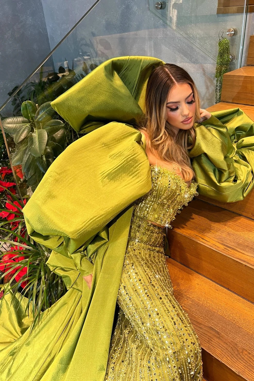 New Fashionable Taffeta Long Green Evening Dress Cape TANYA BRIDAL New Fashionable Taffeta Long Green Evening Dress Cape TANYA BRIDAL