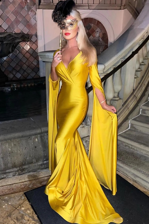 Yellow Mermaid Prom Dresses Long Sleeves Evening Gowns Deep V Neck