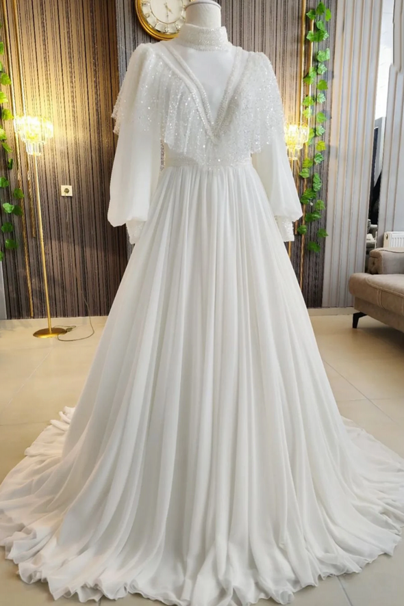 Luxury Muslim Wedding Dress Ruffles Beads Neckline