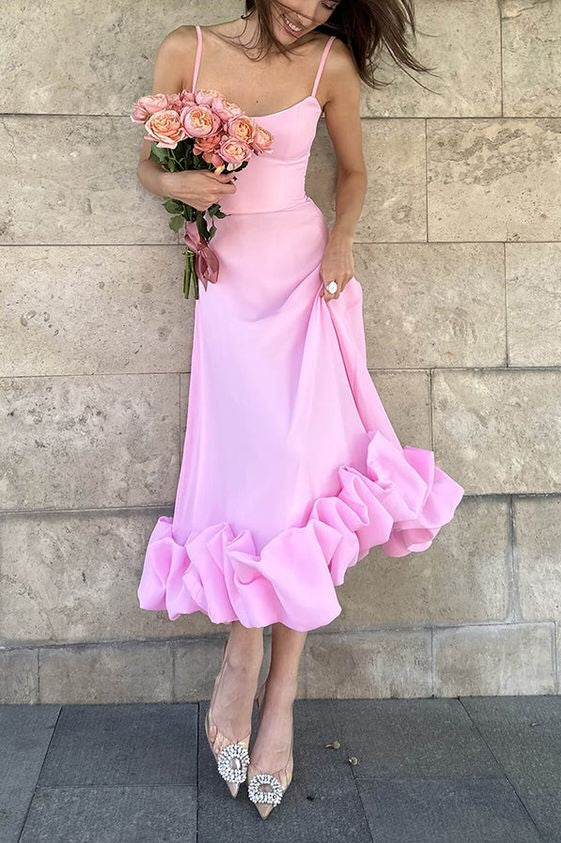 Romantic Midi Homecoming Dress A Line Spaghetti Strap