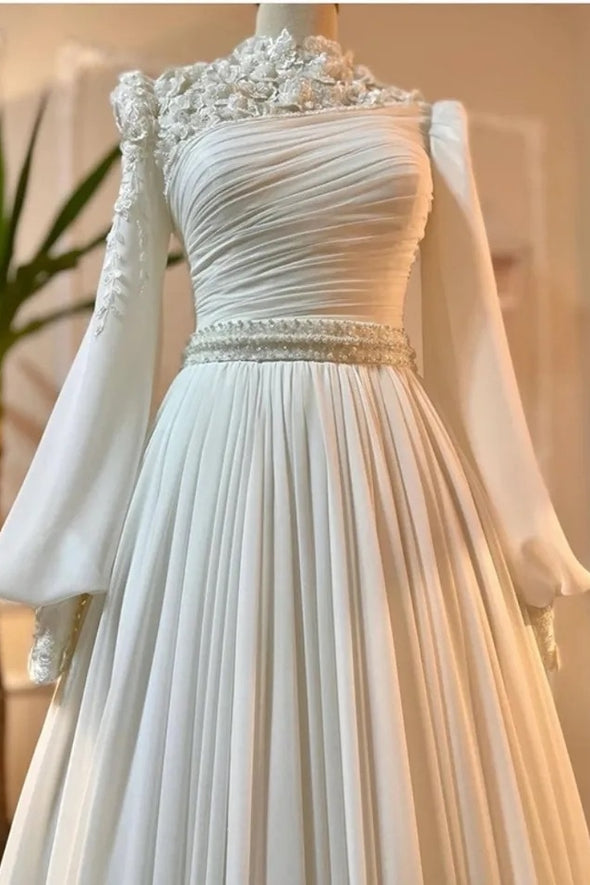 Pleated A Line Elegant Long Muslim Wedding Dress Full Sleeves
