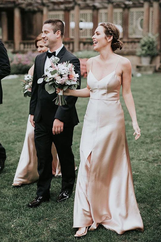 Champagne Long Simple Bridesmaid Dress Side Split - Champagne Long Simple Bridesmaid Dress Side Split -