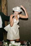 Low Cut Backless Satin Trailing Streamer Wedding Dress Above Knee