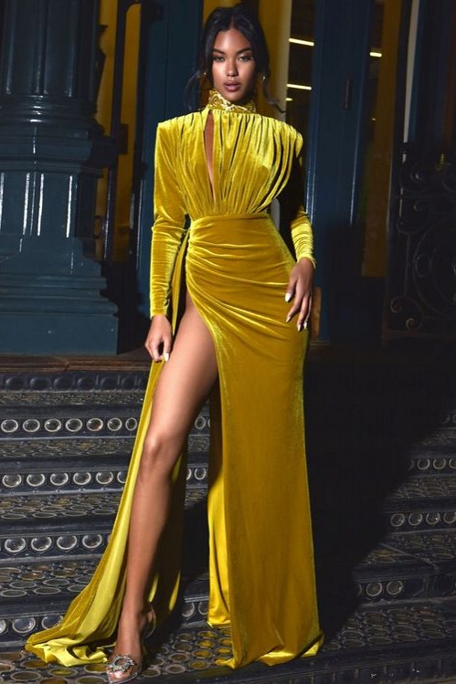 Gold Cutout High Slit Velvet Gown