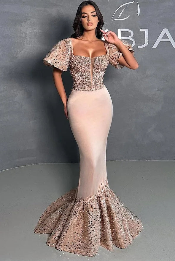 Amazing Pearls Mermaid Prom Dresses Beaded Sheer Plunging Neckline