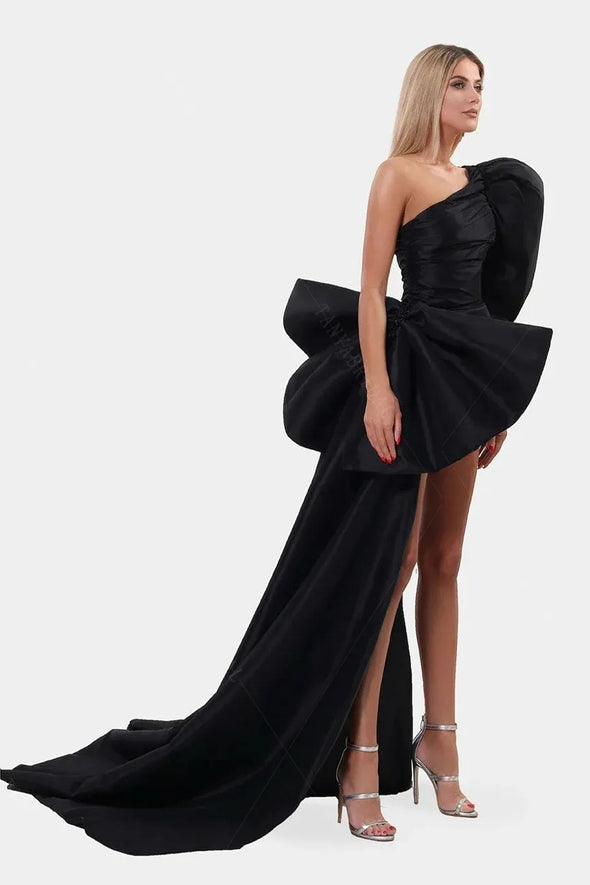 One Shoulder Black Wedding Dresses With Big Bow