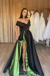 Black Satin Prom Dress With Green Lining