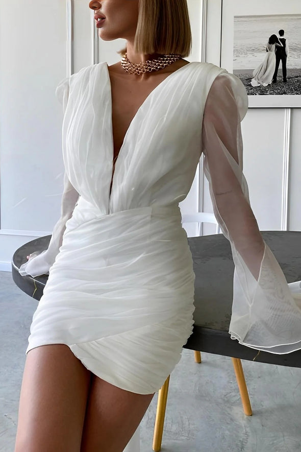 V Neck Short Organza Wedding Dress Long Sleeves