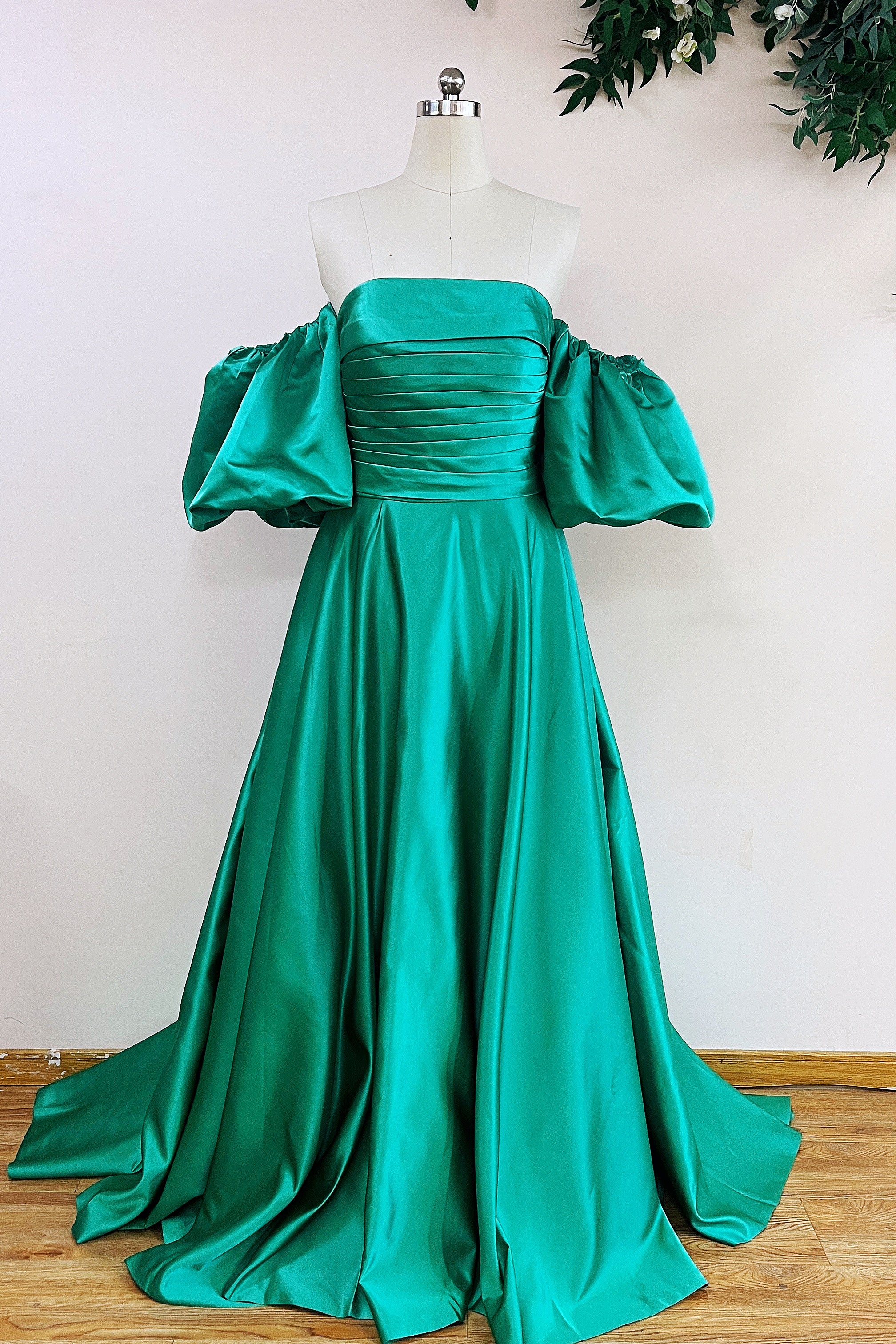 A Line Strapless Sage Green Satin Prom Dress With Detachable Sleeves TANYA BRIDAL A Line Strapless Sage Green Satin Prom Dress With Detachable Sleeves TANYA BRIDAL