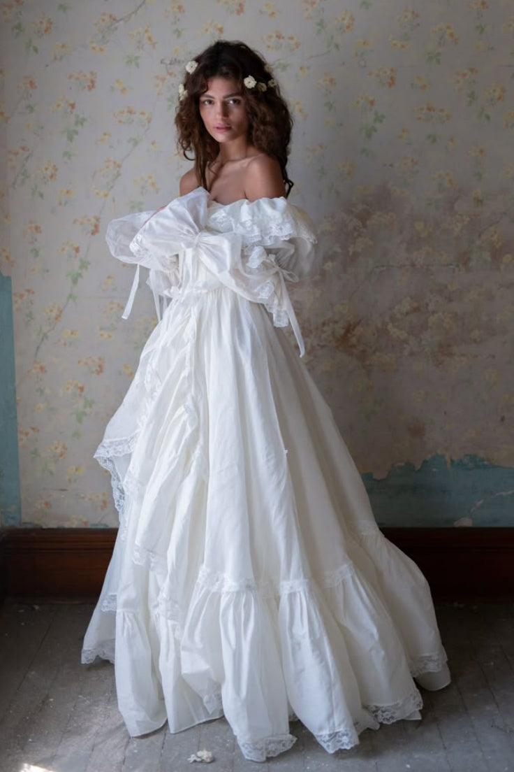 Long Taffeta A Line Off The Shoulder Lace Edge Wedding Gown โ TANYA BRIDAL