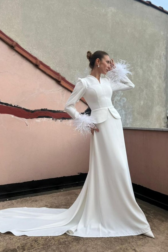 DZ9317 Long Sleeves With Feather Elegant Sheath Wedding Dress TANYA BRIDAL DZ9317 Long Sleeves With Feather Elegant Sheath Wedding Dress TANYA BRIDAL