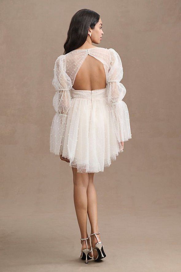 Dot Tulle Pearls Short Homecoming Dress With Detachable Train