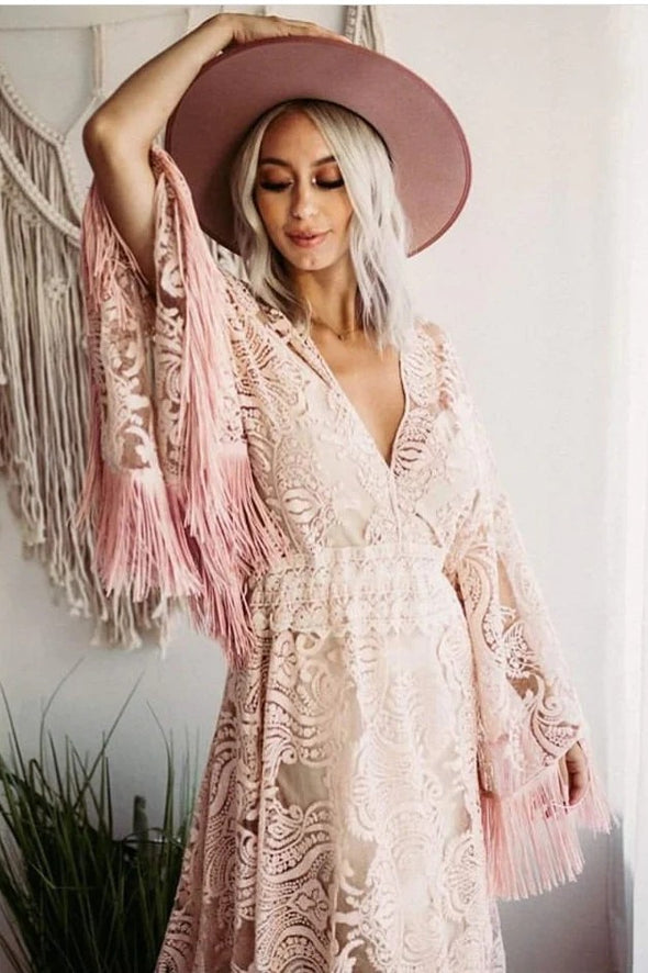 Chic Tassel Pink Lace Bohemia Wedding Dress – TANYA BRIDAL