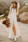 V Neck Long Sleeves Boho Chiffon Wedding Gown