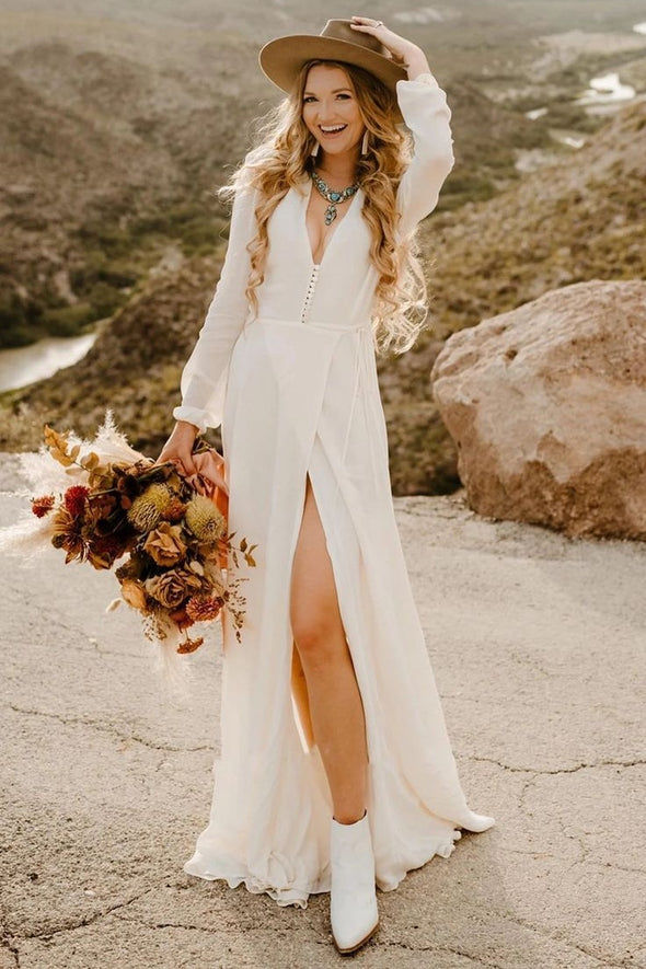 V Neck Long Sleeves Boho Chiffon Wedding Gown