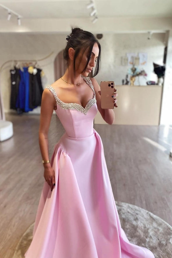 Pink Long Satin A Line Evening Gown Crystal Prom Dress
