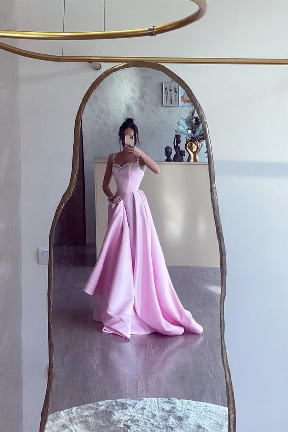 Pink Long Satin A Line Evening Gown Crystal Prom Dress TANYA BRIDAL Pink Long Satin A Line Evening Gown Crystal Prom Dress TANYA BRIDAL