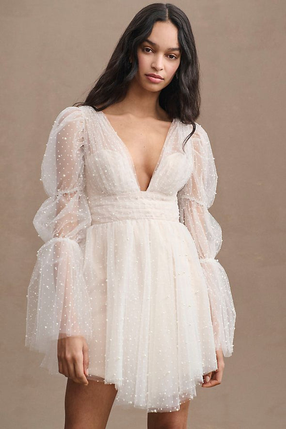 Dot Tulle Pearls Short Homecoming Dress With Detachable Train