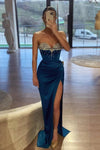 Blue Long Women Eveing Dress Crystal High Slit