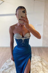 Blue Long Women Eveing Dress Crystal High Slit