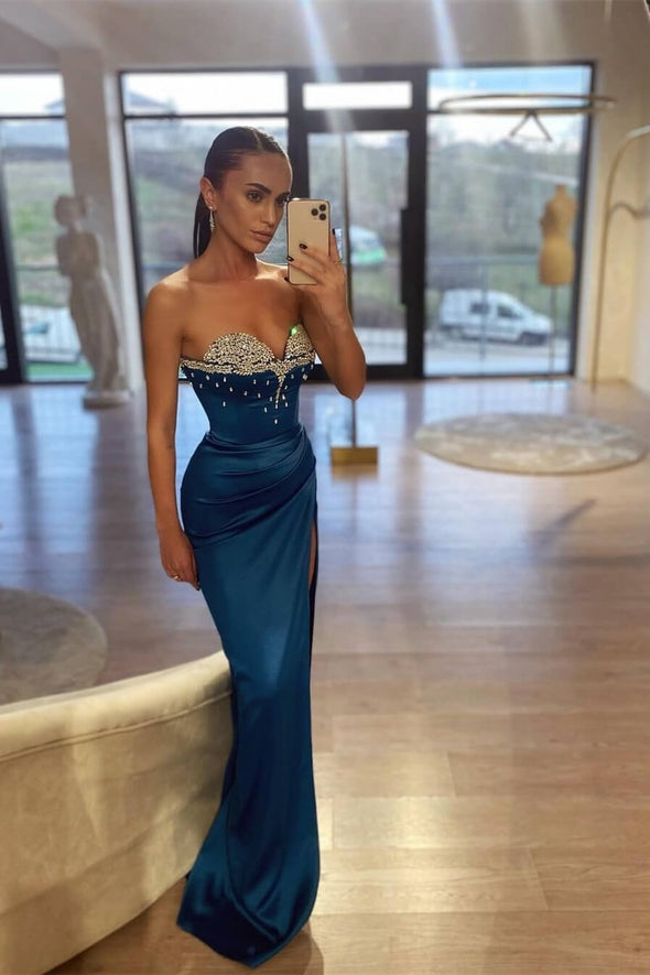Blue Long Women Eveing Dress Crystal High Slit