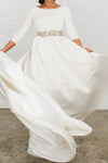 Elegant Modest A Line Satin Wedding Dress With Champagne Sash