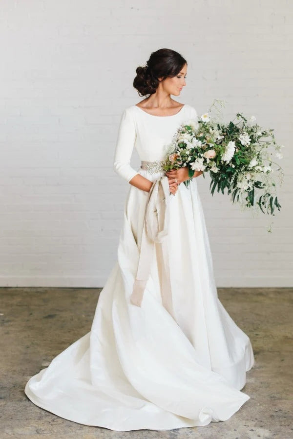 Elegant Modest A Line Satin Wedding Dress With Champagne Sash - Elegant Modest A Line Satin Wedding Dress With Champagne Sash -
