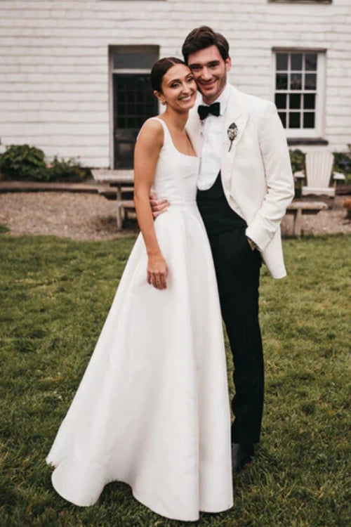 Square Neck V Back A Line Satin Wedding Dress