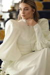 Full Puffy Sleeves High Collar Long Simple Wedding Dress With Button